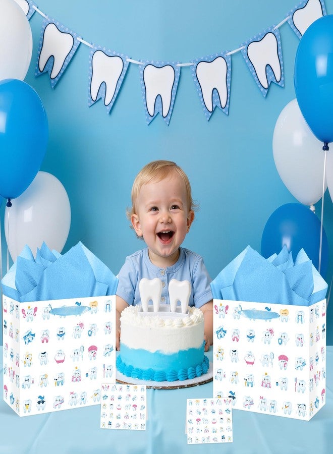 Wayyogh Tooth Party Gift Bag Cartoon First Tooth Decorations Gift Bag with Tissue Paper Greeting Card for Baby's First Tooth Fairy Birthday Clinic Party Baby Shower Oral Health Week Decorations Decor Supplies - Image 2